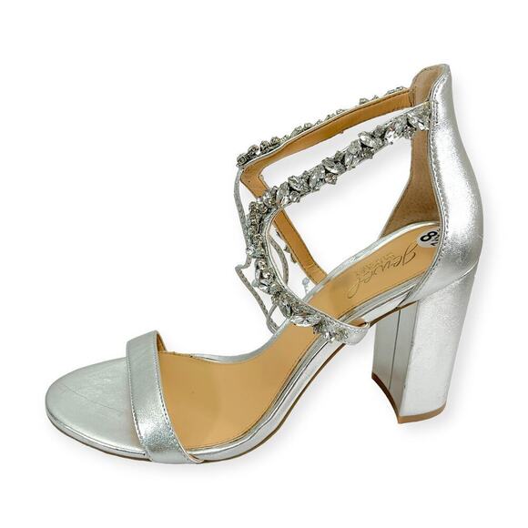 Jewel Badgley Mishka NEW Thamar Crystal Strappy Block Heel Silver Women's Sz 8.5 - Picture 6 of 14
